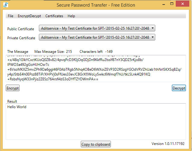 Screenshot Secure Password Transfer encrypted text to plain text